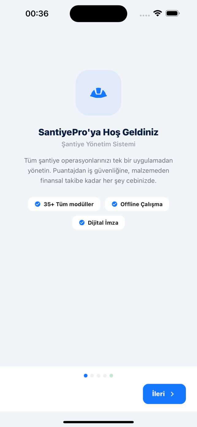 SantiyePro iPhone karşılama ekranı: hoş geldiniz, 35 modül offline çalışma ve dijital imza rozetleri ile tanıtım