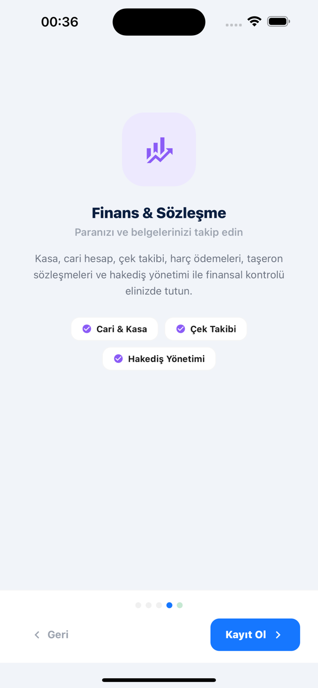 SantiyePro iPhone finans tanıtım ekranı: kasa cari hesap çek takibi ve hakediş yönetimi adımı