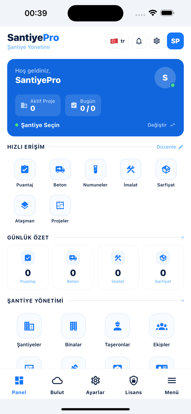 SantiyePro iPhone ana panel ekranı: hızlı erişim puantaj beton imalat ve günlük şantiye özeti tek bakışta