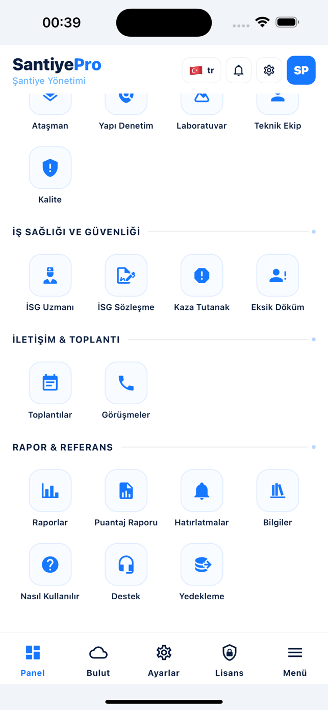 SantiyePro iPhone menü ekranı: iş sağlığı güvenliği toplantı ve raporlar ile puantaj raporu modülleri