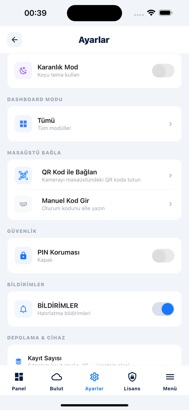 SantiyePro iPhone ayarlar ekranı: karanlık mod dashboard modu masaüstü QR bağlantısı ve PIN koruması