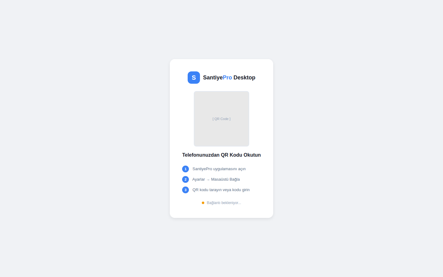 SantiyePro QR kod eşleştirme ekranı — telefon ile masaüstü web arayüzünü bağlama